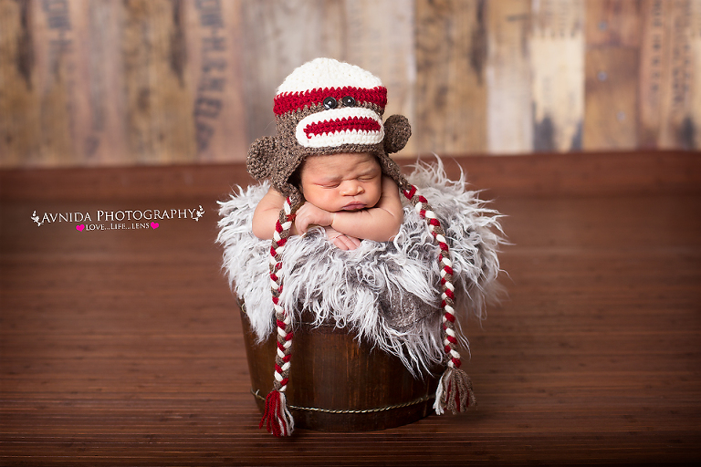 Sock Monkey in a bucket for his Newborn Photography Bridgewater NJ session