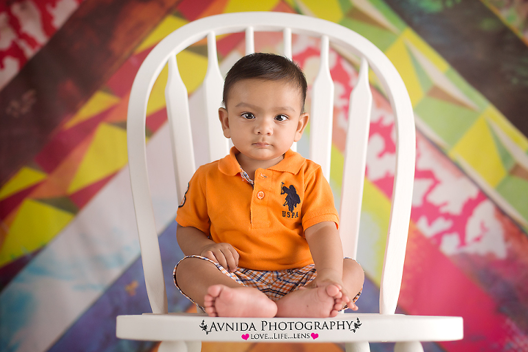 DFW Baby Photography of Yash baby on white chair and colorful background