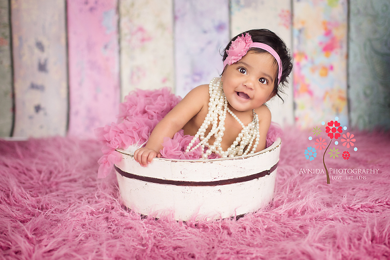 looking cute in pearls for her 6 Month Baby Photography Mendham New Jersey 