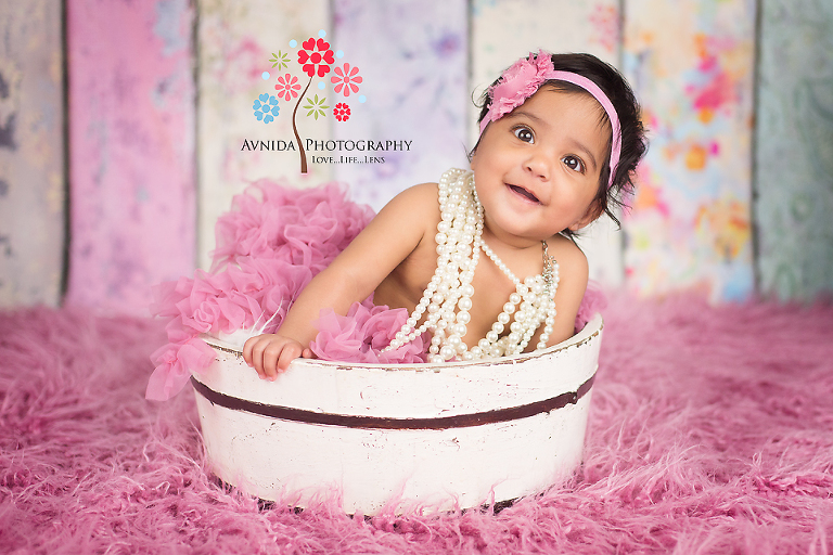 smiling in pearls for her 6 Month Baby Photography Dover New Jersey 