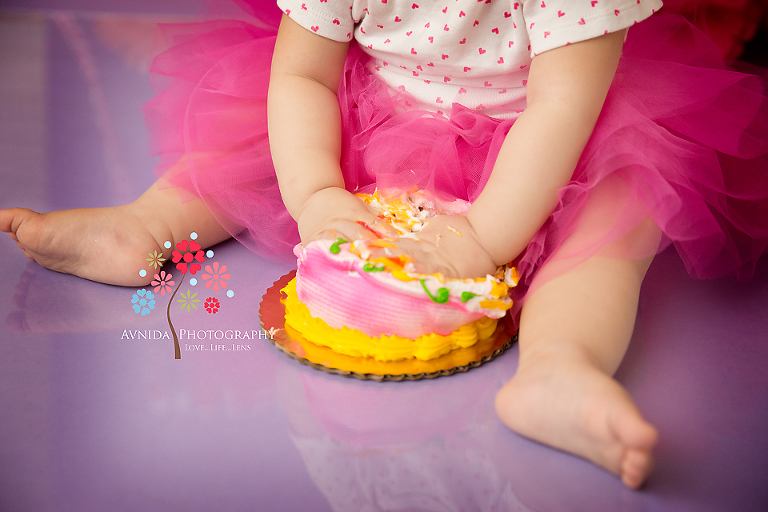 and the cake is smashed in this Cake Smash Photos Paramus New Jersey session