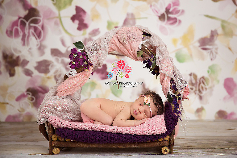 Picture of a cute newborn sleeping in an arched basket from your Newborn Photographer Middletown NJ