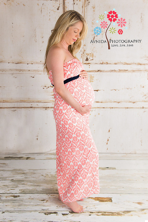 North NJ maternity photographer - in a beautiful patterned pink gown