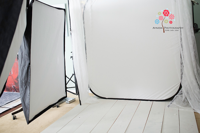 Another view of studio setup for high-key lighting tutorial by Avnida Photography.