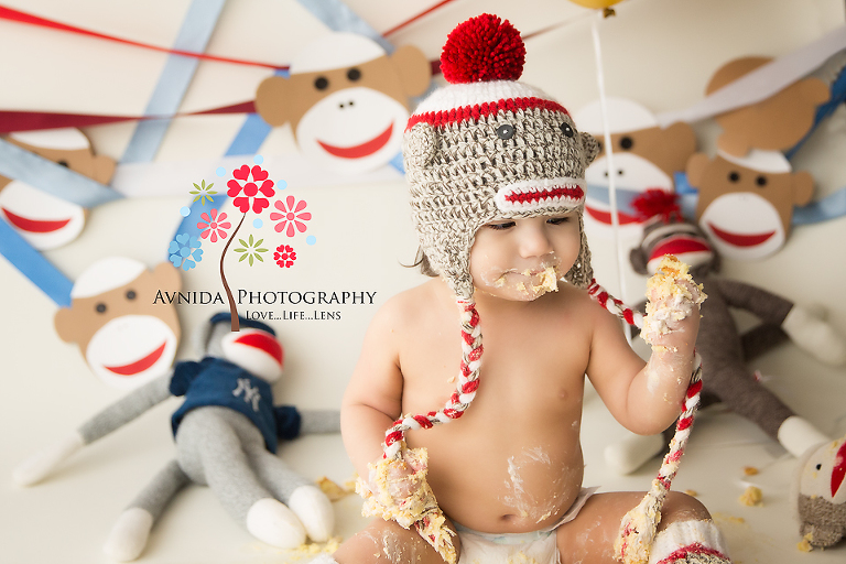 Cake Smash Photography Roseland NJ - Sock Monkeys - move aside - no one comes between me and the cake