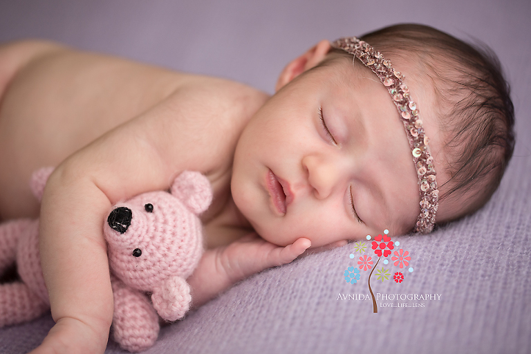 Viviana gets a visit from a cute teddy to help with her Newborn Baby Portraits