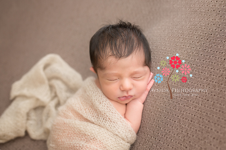 West Orange NJ newborn photographer - Baby Martin in a cute brown wrap - looking so calm