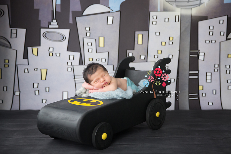 West Orange NJ newborn photographer - Batman is sleeping on the job. That's not good