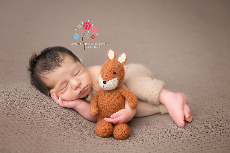 West Orange NJ newborn photographer - With his little friend the orange fox
