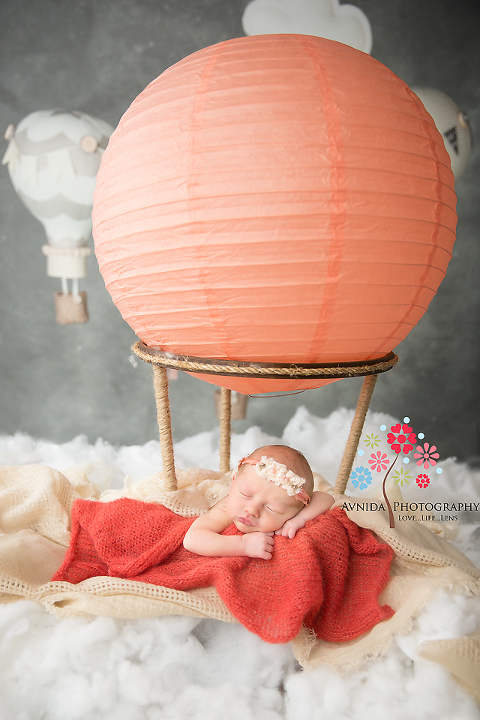 River Vale NJ newborn photographer - Flying in the clouds slowly making her way to the moon - oh what a beautiful choice of the air balloon