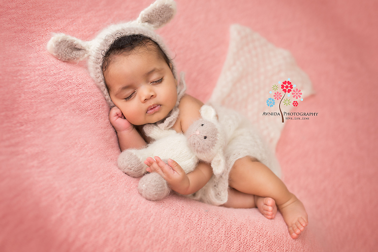 Newborn Photography Linden NJ - Side lying pose. The cute little bunny. After I took this photo, mom and dad branded me the "Baby Whisperer"