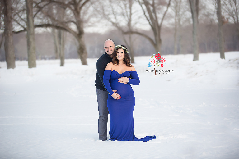 Maternity Photography Somerset County NJ - Another one of my favorites. I like the view of the landscape with the snow, and the royal blue shining in the foreground.