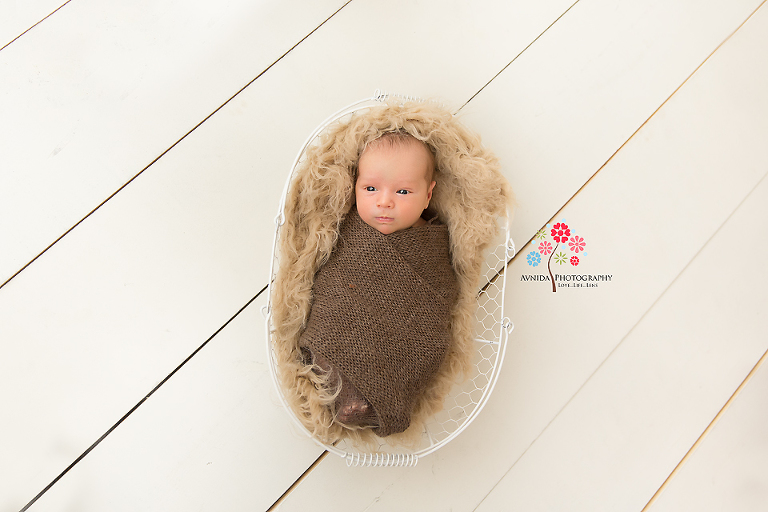 NJ Newborn Photographer - In white and looking cute in a basket