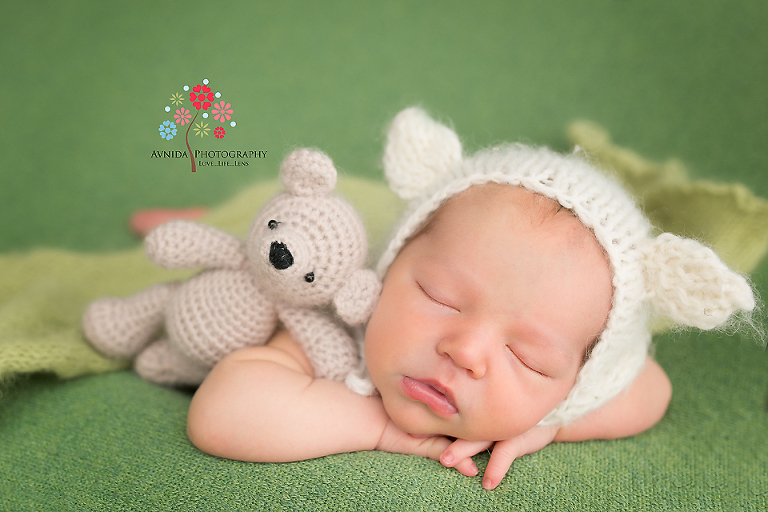 Newborn Photography Randolph NJ - Two cute teddy bears come together in the green - beautiful newborn photography NJ by Avnida Photography