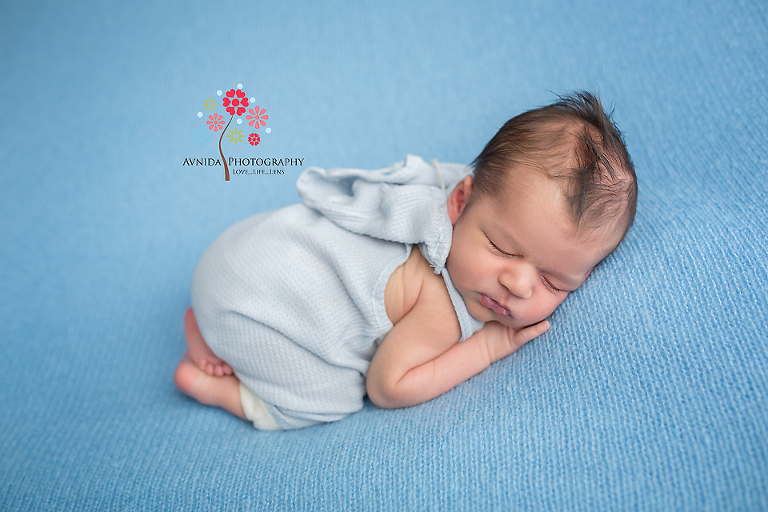 Newborn Photography Chatham NJ - Blue on Blue just looks beautiful on Baby Oz - and what a stylish way to part the hair - cool, right