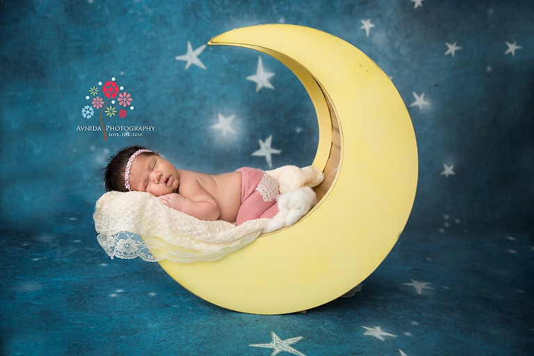 Newborn Photography Paterson NJ - That's what we call a perfect switch - after 300 newborn sessions this becomes a habit - from the stroll in the day to sleeping in the night - beautiful night sky and a princess on the moon