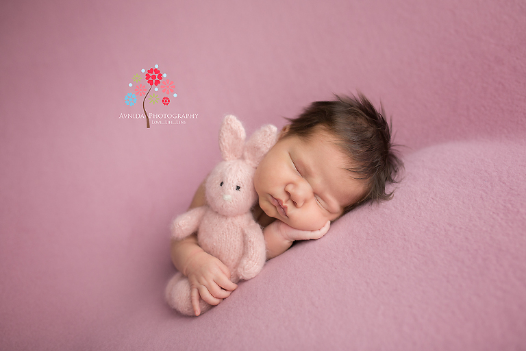 Newborn Photography Paterson NJ - When you are this cute, other cute and soft animals come calling wanting to be your friends - Baby Emma with a cute bunny