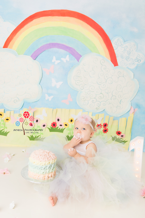 Cake Smash Photographer Rahway NJ - Once upon a time it was a beautiful day and Baby Grey had just turned one - the sun was shining - there was a rainbow - the butterflies were flying and voila there was a beautiful cake in the front