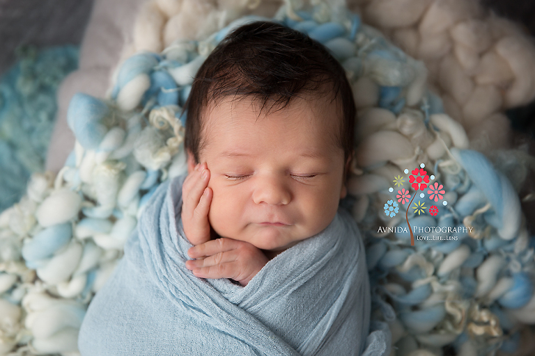 Newborn Photography Red Bank NJ - Is that a Karate chop or a can you hear me now ad - Baby Grayson decides to go stylish with his expressions