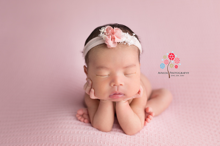 Newborn Photography Flemington NJ - Hands on chin pose executed beautifully by Baby Rachel