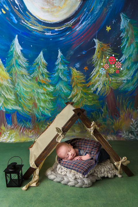 Basking Ridge Newborn Photography NJ - Under the cool light of the moon and the shining night sky, sleeps a little princess in a tent with a little lamp by his side