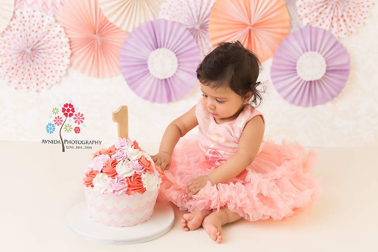 Cake Smash Photography Saddle River NJ - Ahayli is ready and we bring the cake down from the stand so she can dig into it