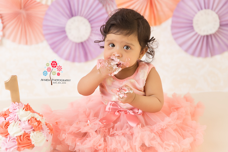 Cake Smash Photography Saddle River NJ - We couldn't stop ourselves from this close up - look at the cake on her face and hands - isn't she the cutest