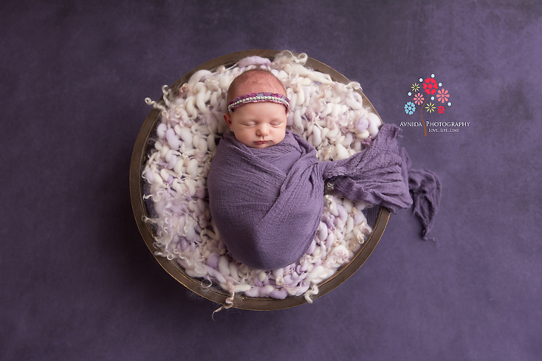 Newborn Photography Rumson NJ - Floating in the lavender sea on a wooden bowl and a lavender blanket, this is one of my favorite photos (there are many) from the session