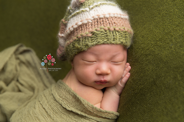 Newborn Photography Franklin Lakes NJ - I call this my down to earth combination, with the green and the brown - do you see those cute fingers under the chin