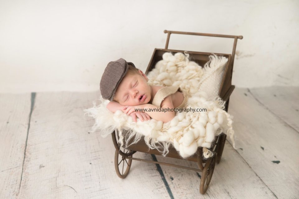 Newborn Photography Avalon NJ - Baby Oskar in a cute stroller with his hat on
