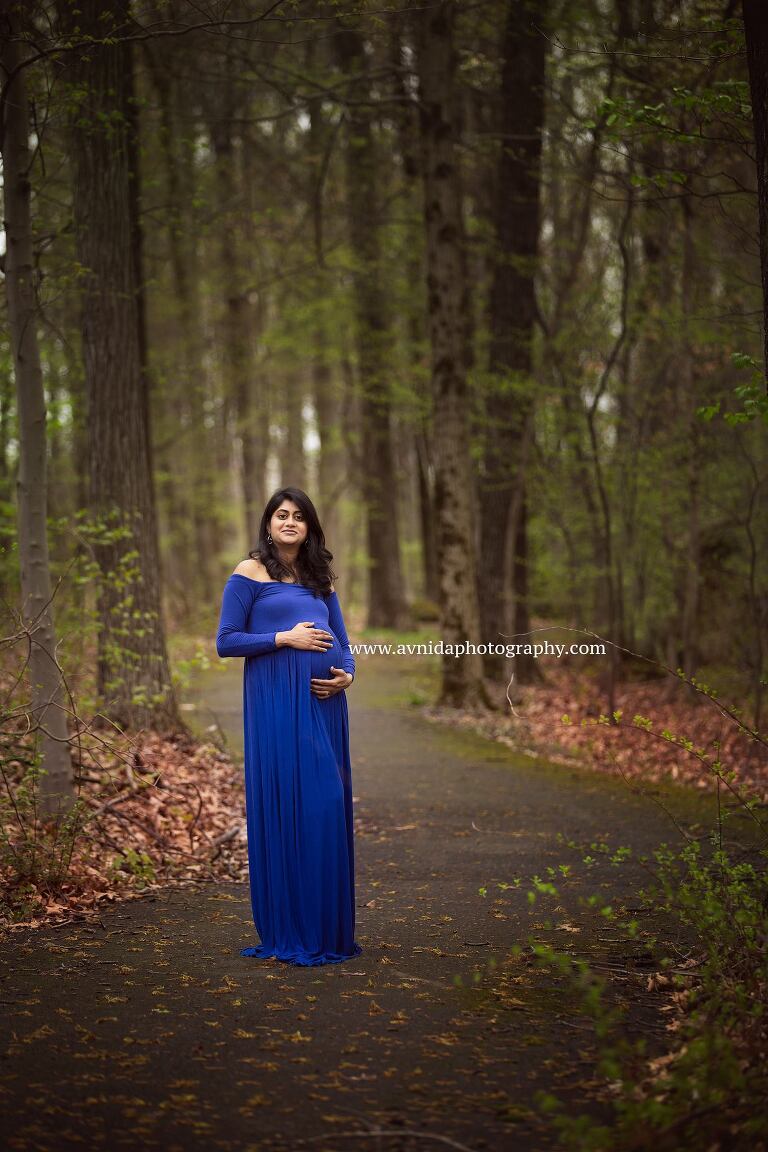 Maternity Photography Gowns - the woods, a beautiful mom to be in a blue gown