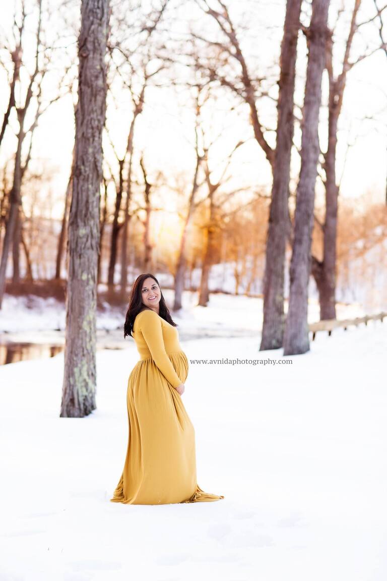 Maternity Photography Gowns - yellow gown, morning sunshine and snow - beautiful maternity photography chester NJ by Avnida Photography