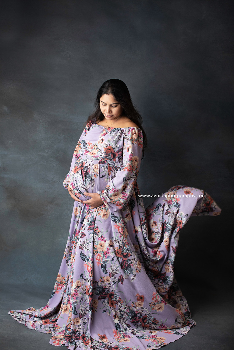 Maternity Photography Gowns - beautiful floral print in purple - photoshoot by Avnida Photography, best NJ maternity photographer