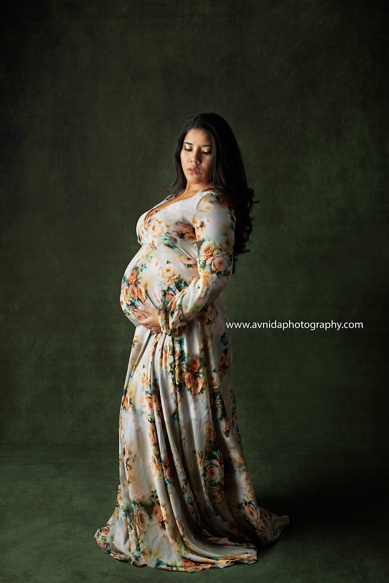 Maternity Photography Gowns - beautiful floral print in light green - photo shoot by Avnida Photography, best NJ maternity photographer